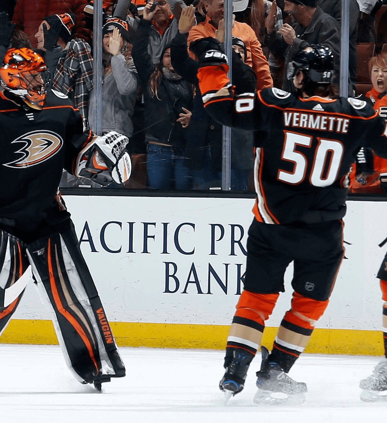 Anaheim Ducks hockey players celebrating on ice
